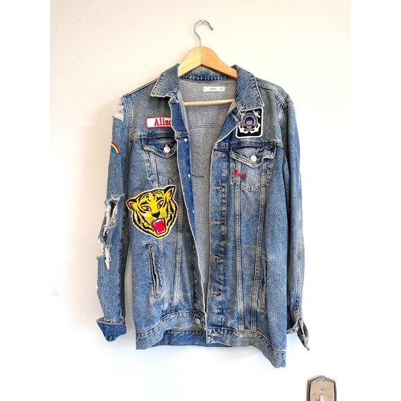 MNG by Mango RARE UNIQUE Vintage Jean Jacket Patchwork Distressed Women'… - Picture 1 of 6